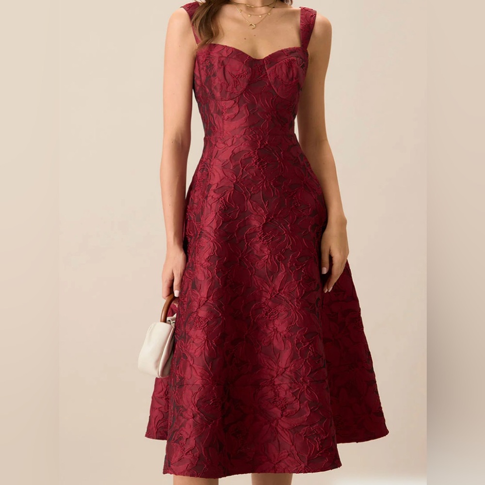 Red Jacquard Midi Dress L